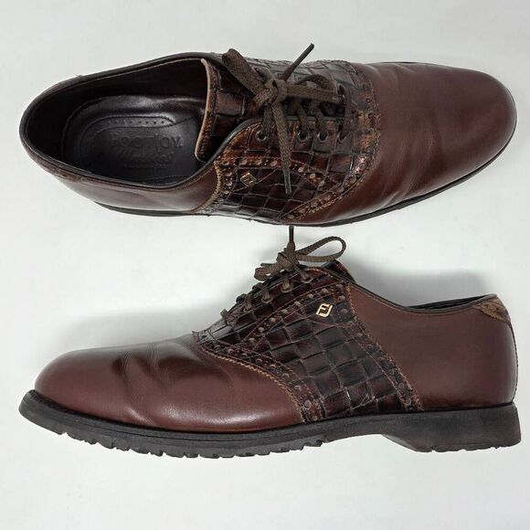 FOOTJOY CLASSICS BROWN LEATHER WOVEN OXFORD GOLF SHOES SPIKELESS MENS 10 C - Picture 1 of 9